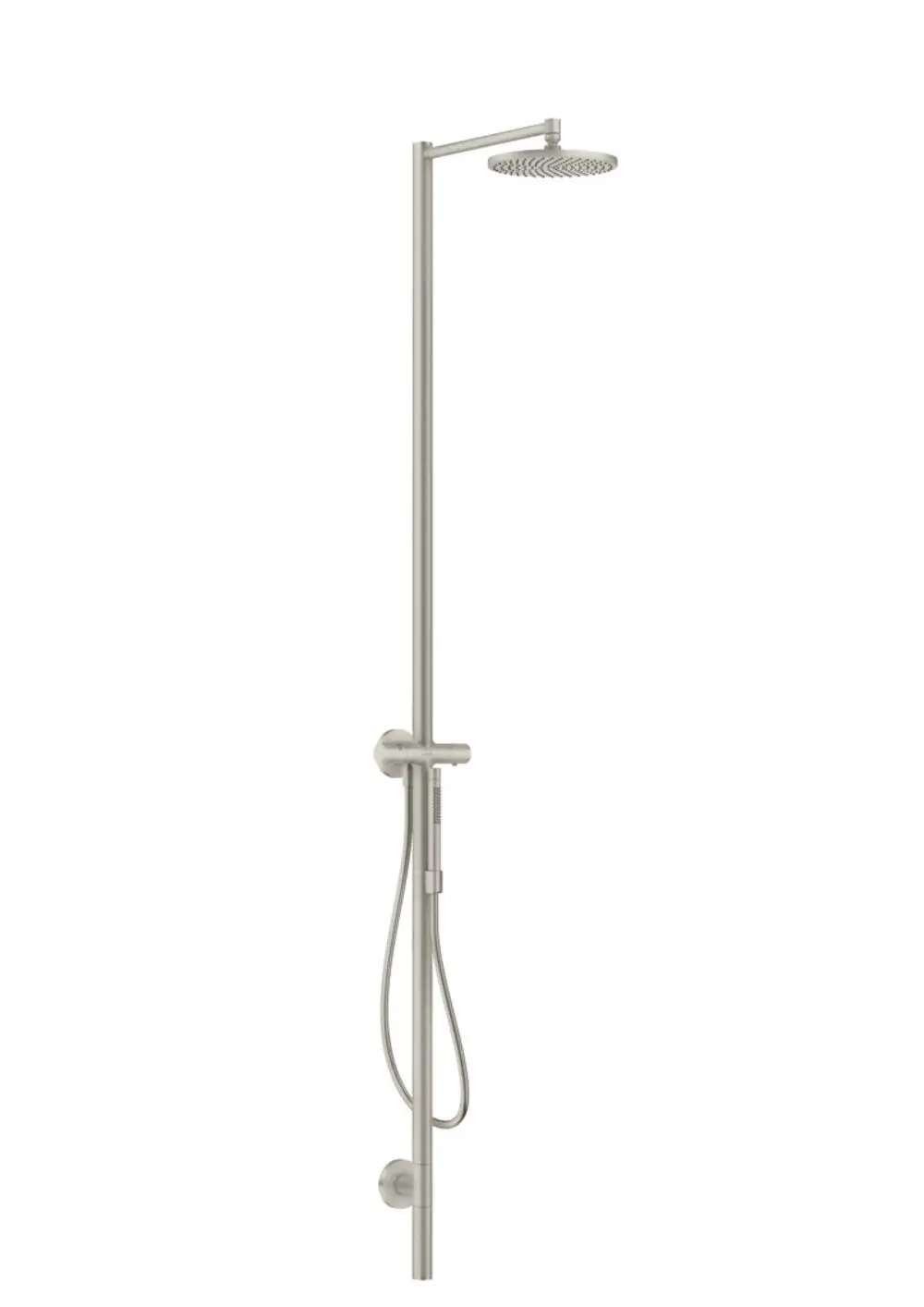 Duschsäule aus Edelstahl mit Thermostat und Kopfbrause, vertikal montiert. AXOR-Produkt, geeignet für die Installation in Duschbereichen.